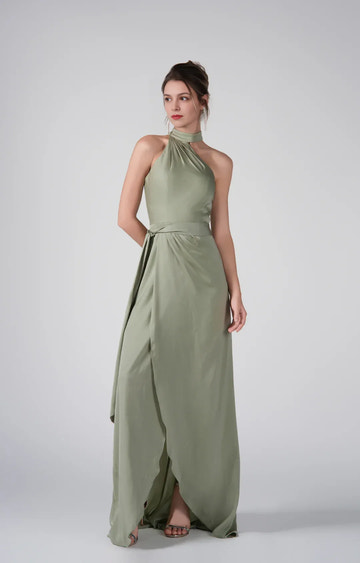 A-Line Halter Neck Sleeveless Satin Floor Length Wrap Slit Evening Dress