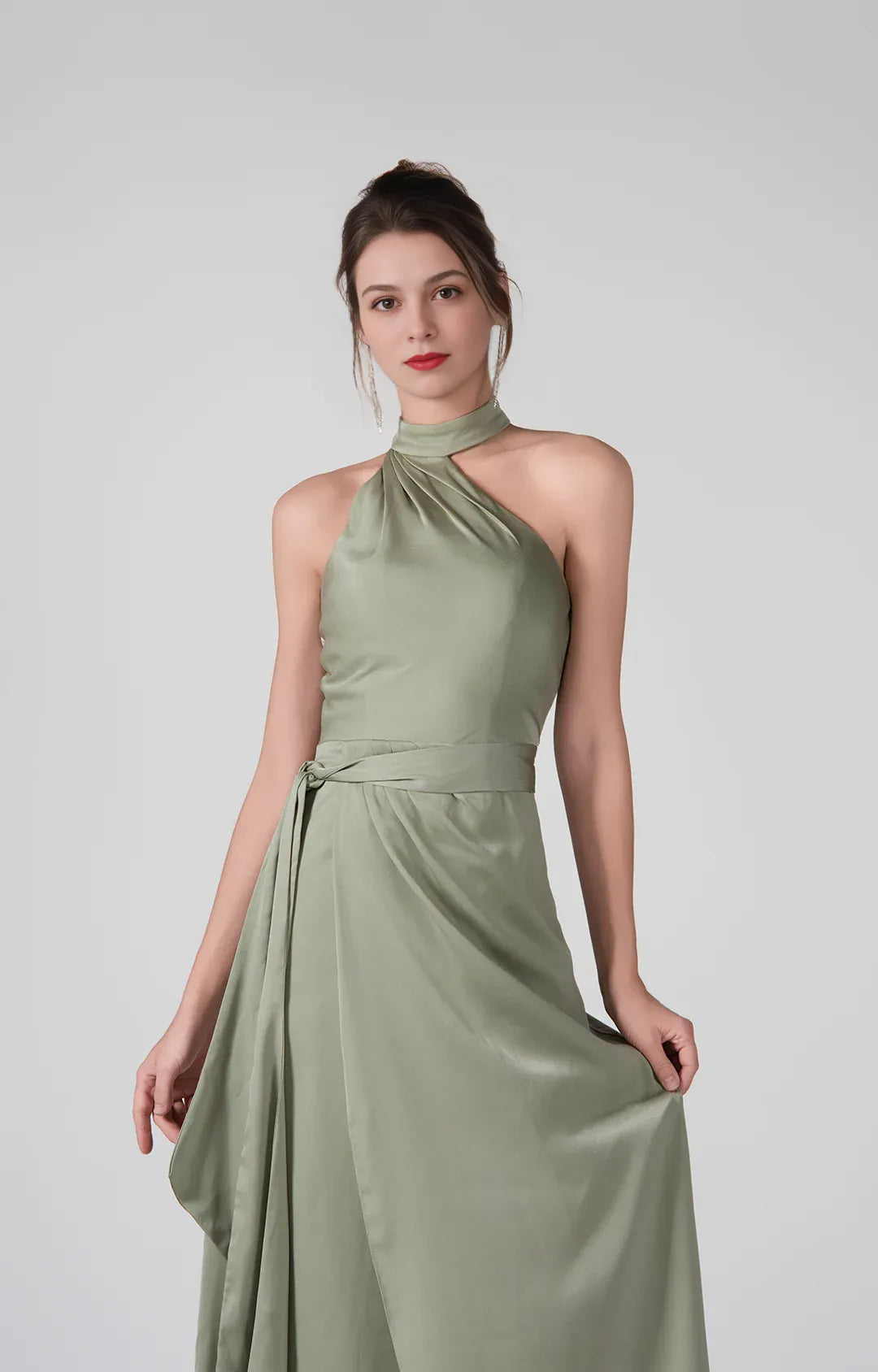 A-Line Halter Neck Sleeveless Satin Floor Length Wrap Slit Evening Dress
