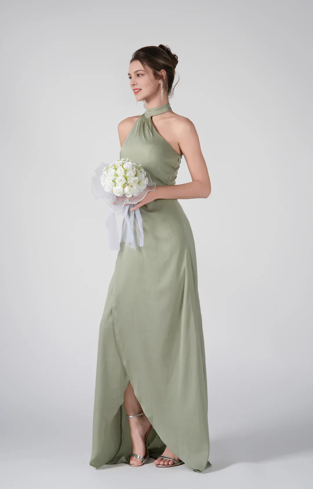 A-Line Halter Neck Sleeveless Satin Floor Length Wrap Slit Evening Dress