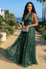 A Line Halter Neck Tulle Floor Length Star Sequin Maxi Prom Dress