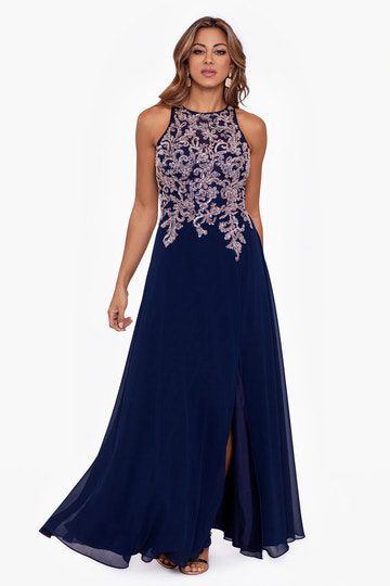 Elegant A-Line Halter Sleeveless Mother of the Bride Dress Beaded Chiffon Gown with Slit