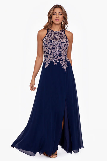 Elegant A-Line Halter Sleeveless Mother of the Bride Dress Beaded Chiffon Gown with Slit