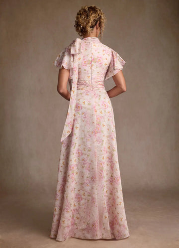 Elegant A-Line Pleated Floral High Neck Chiffon Mother of the Bride Dress with Bow