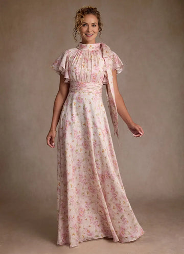 Elegant A-Line Pleated Floral High Neck Chiffon Mother of the Bride Dress with Bow