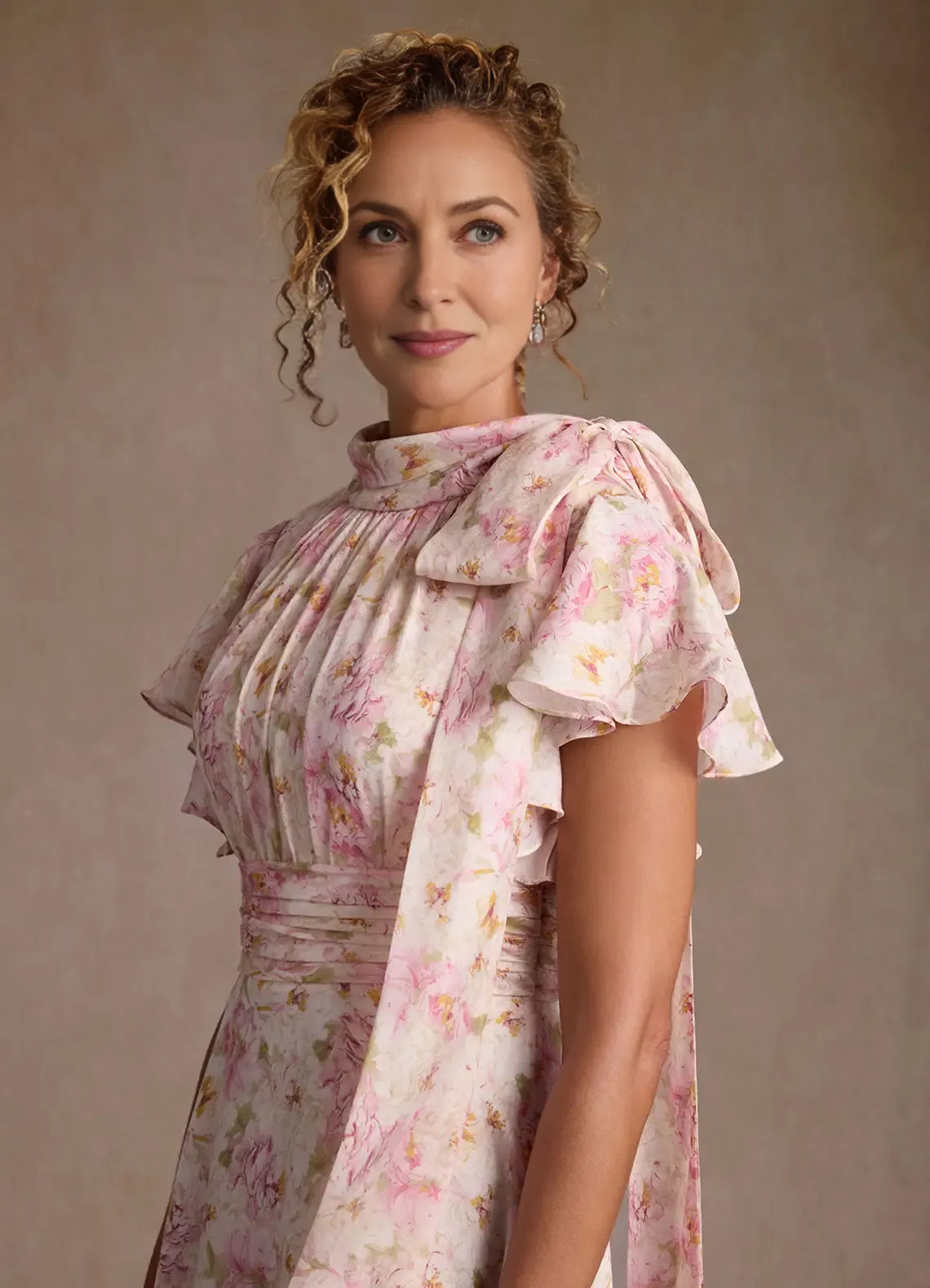 Elegante vestido de gasa plisado en línea A con estampado floral y cuello alto para madre de la novia con lazo