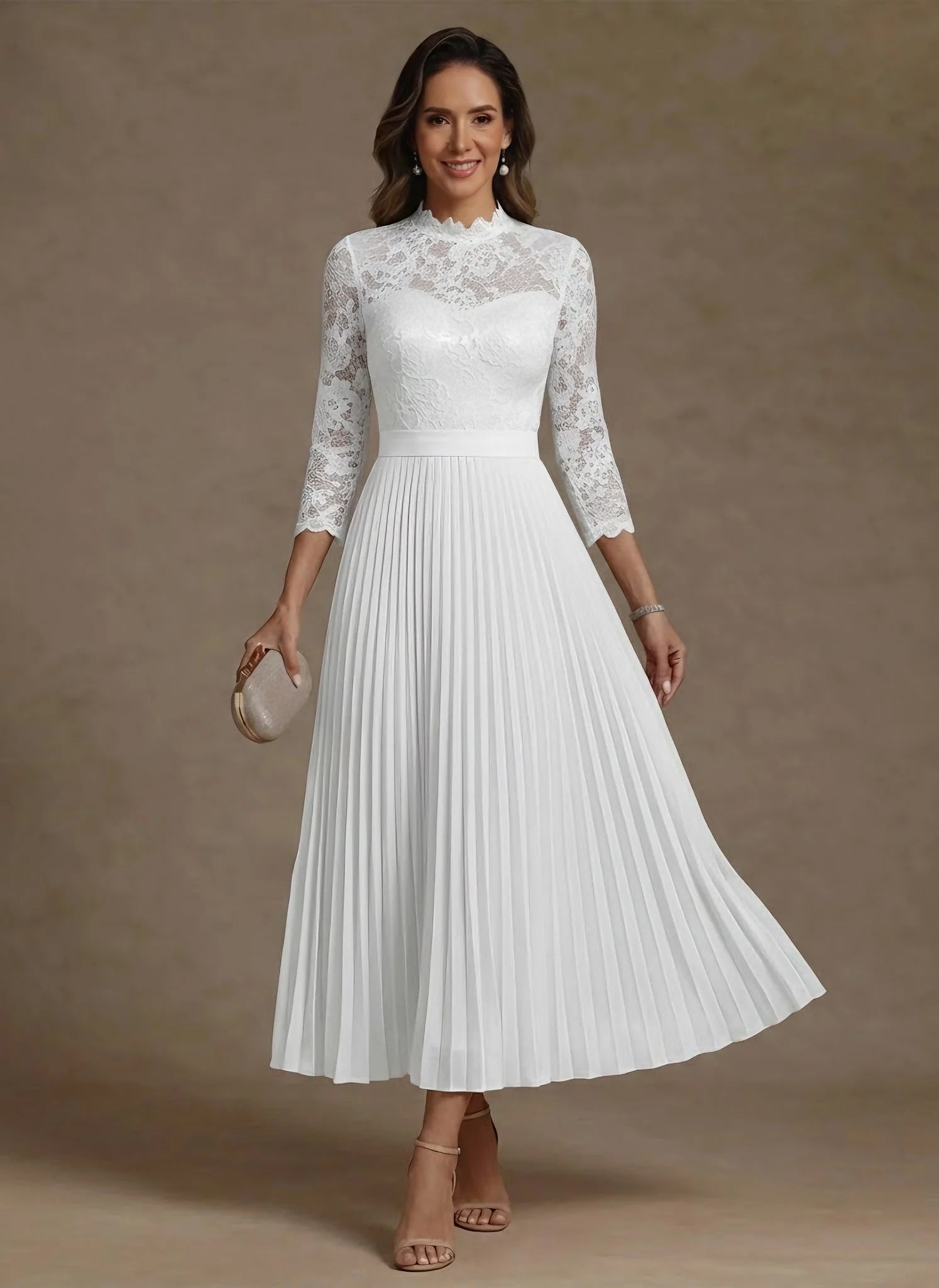 A-Line High Neck Chiffon Lace Pleated Tea-Length 3/4 Sleeves Mother of the Bride Dresses