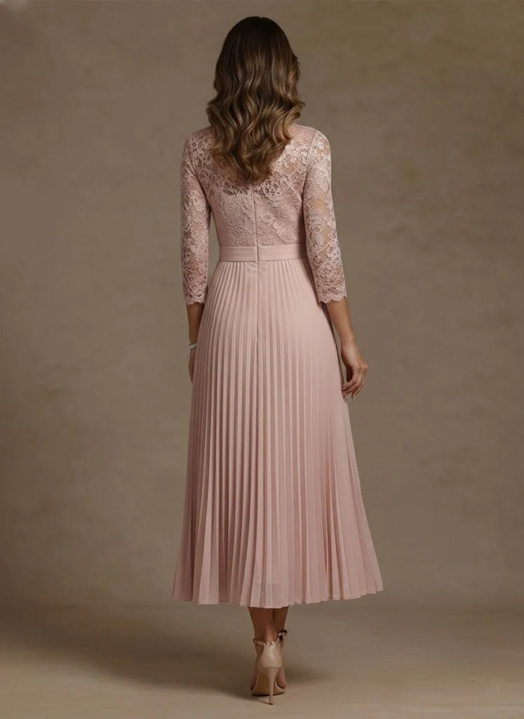 A-Line High Neck Chiffon Lace Pleated Tea-Length 3/4 Sleeves Mother of the Bride Dresses