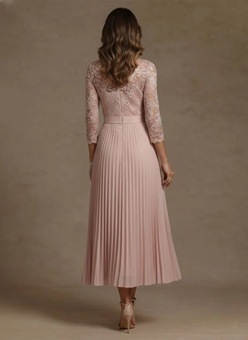 A-Line High Neck Chiffon Lace Pleated Tea-Length 3/4 Sleeves Mother of the Bride Dresses