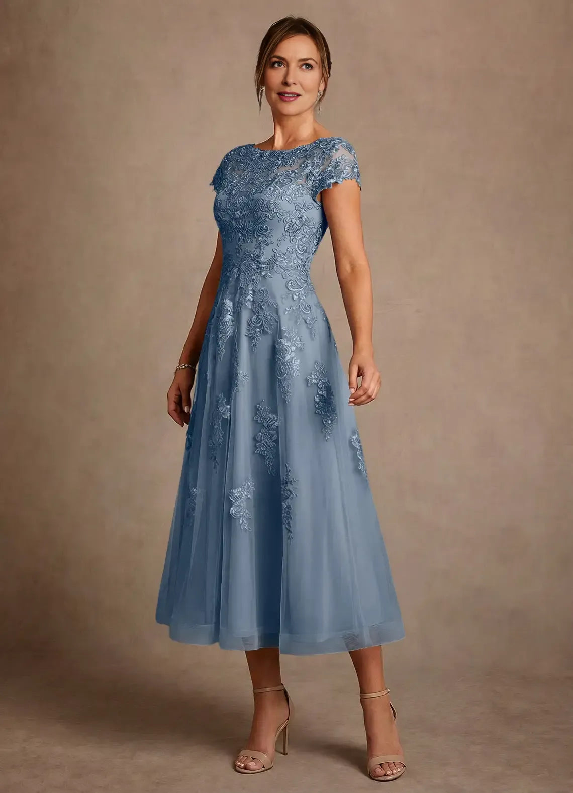 Elegant A-Line Cap-Sleeve Lace Illusion Neck Embroidery Mother of the Bride Dress