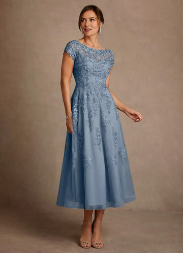 Elegant A-Line Cap-Sleeve Lace Illusion Neck Embroidery Mother of the Bride Dress