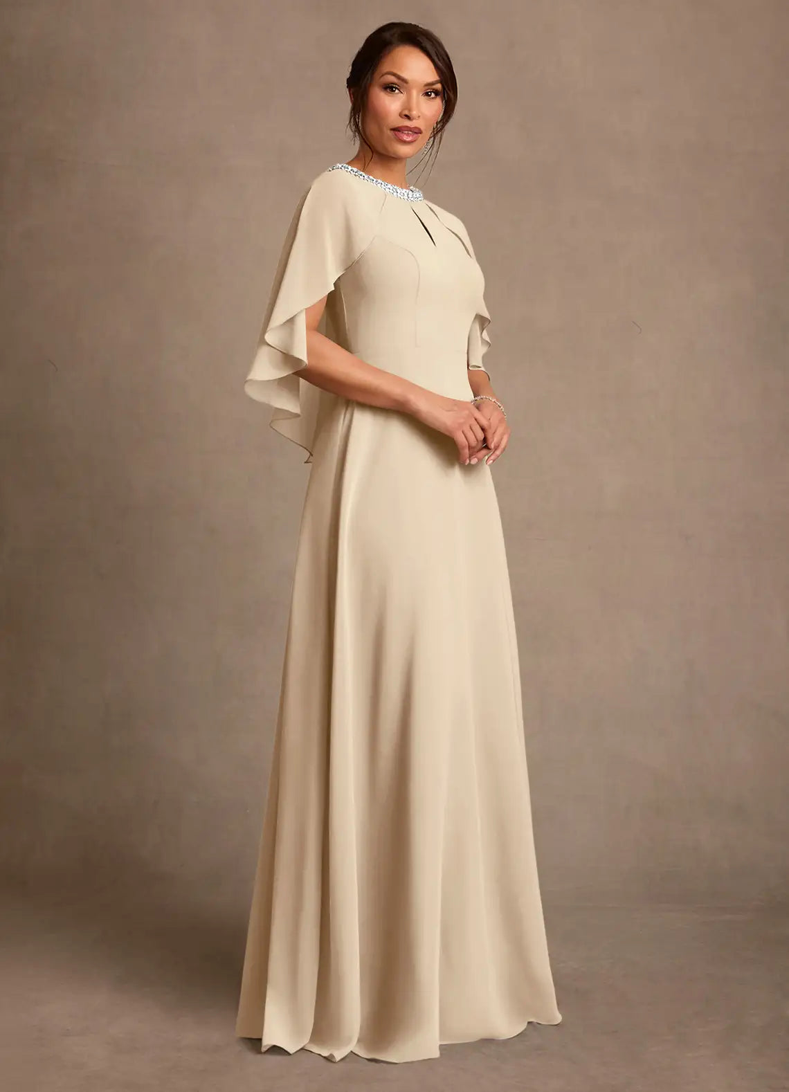A-Line Beaded Jewel Neck Maxi Cape Sleeve Formal Dress Mother of the Bride Dress