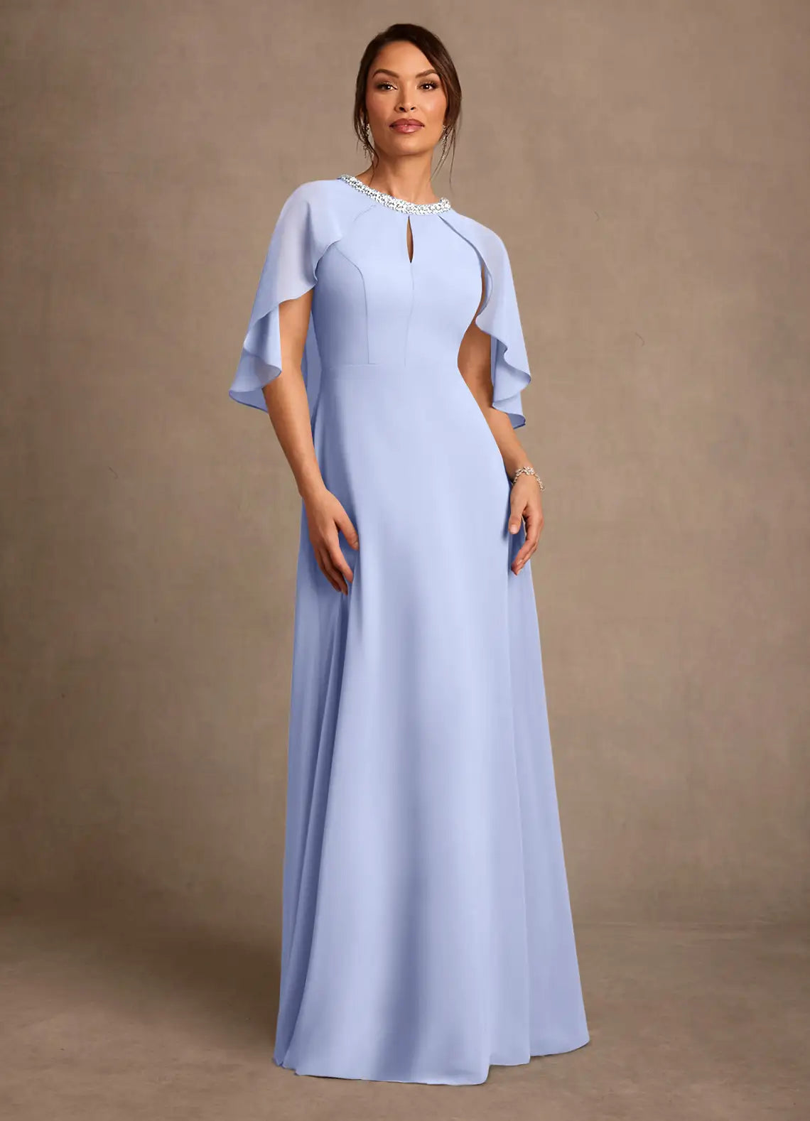 A-Line Beaded Jewel Neck Maxi Cape Sleeve Formal Dress Mother of the Bride Dress