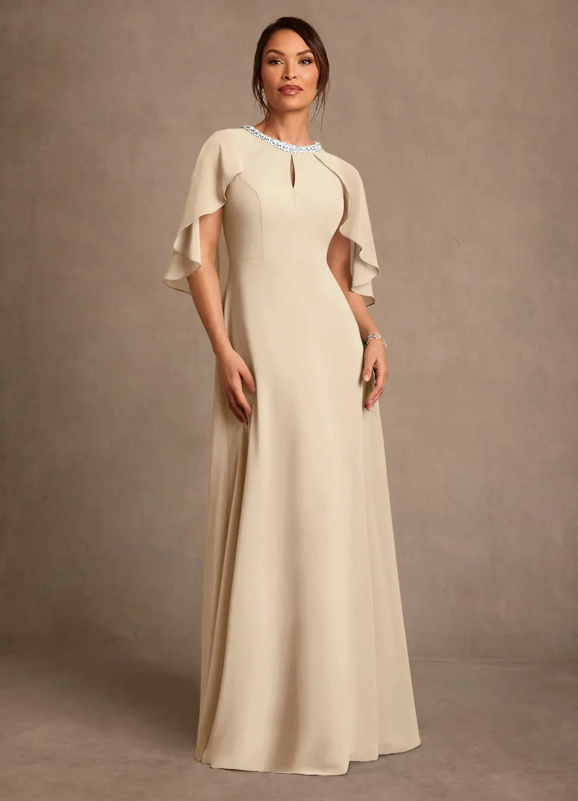 A-Line Beaded Jewel Neck Maxi Cape Sleeve Formal Dress Mother of the Bride Dress