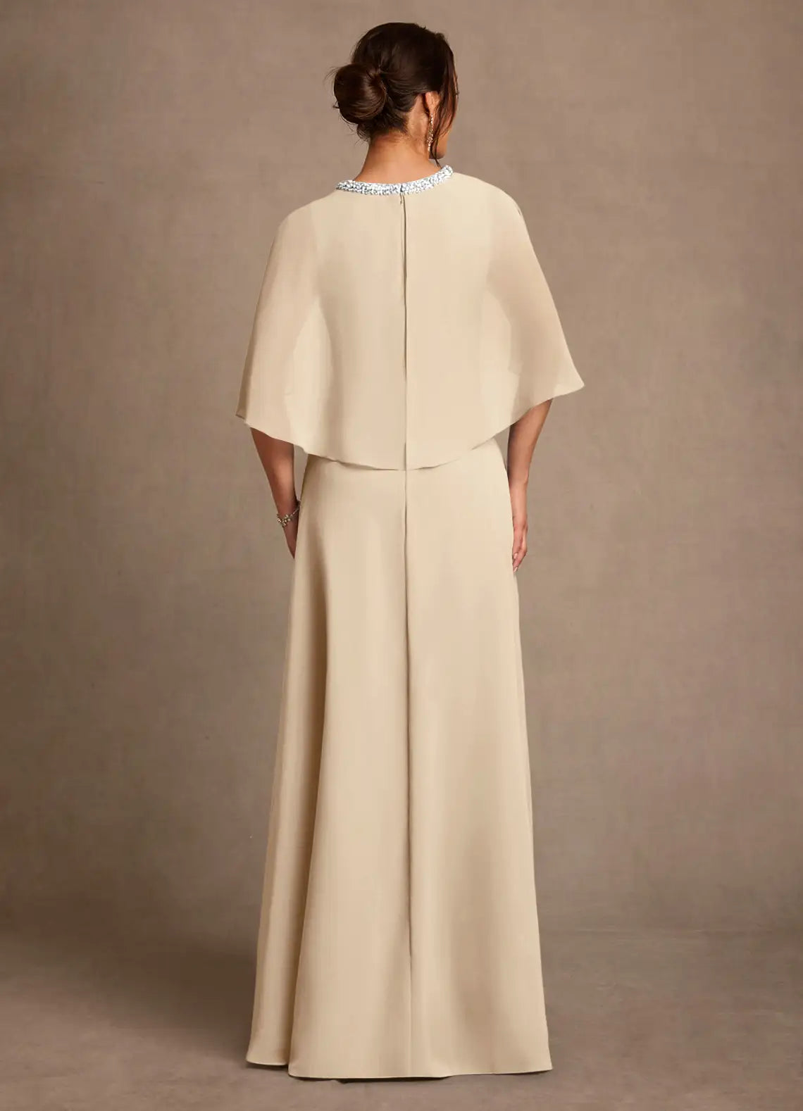 A-Line Beaded Jewel Neck Maxi Cape Sleeve Formal Dress Mother of the Bride Dress