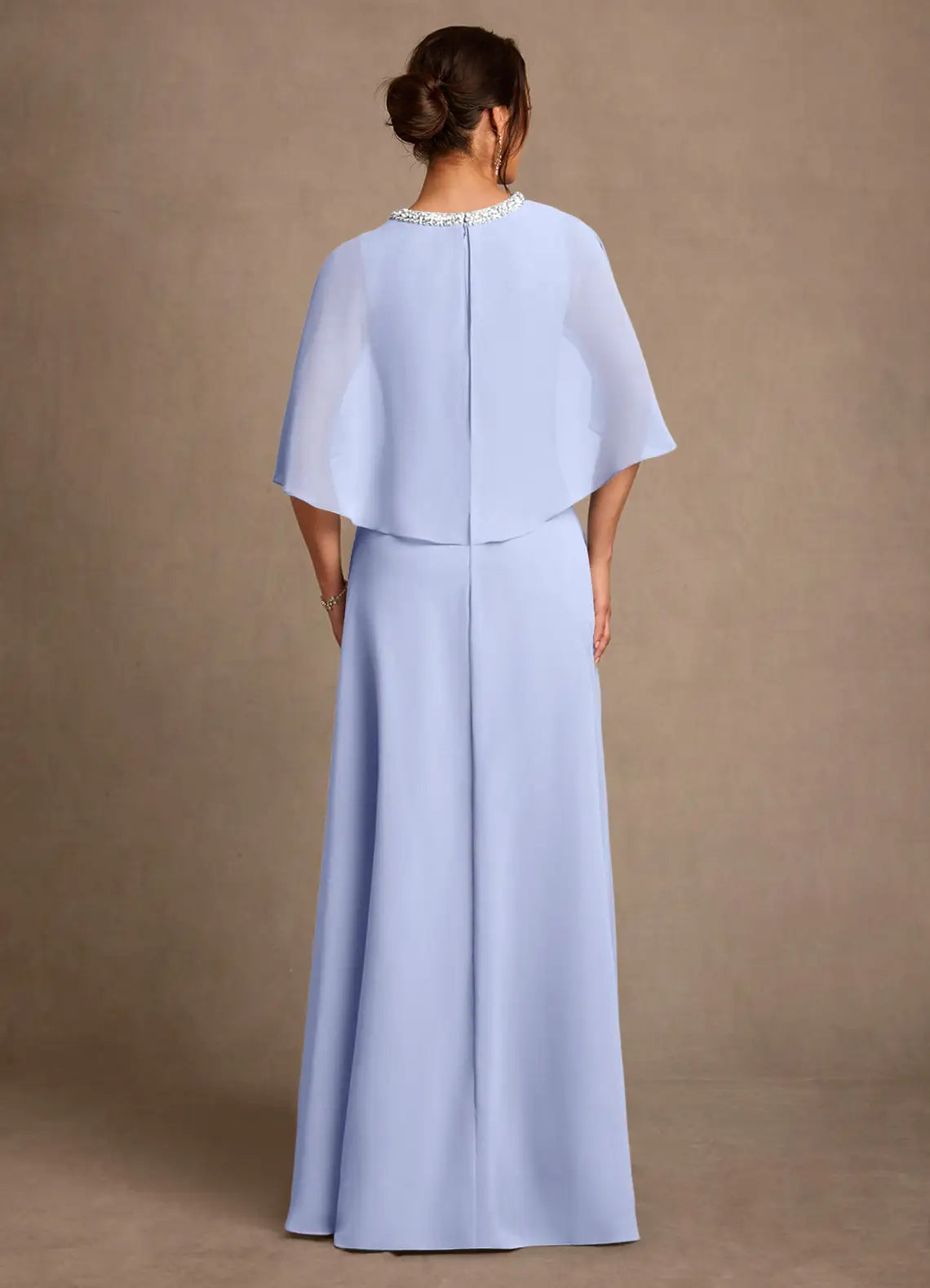 A-Line Beaded Jewel Neck Maxi Cape Sleeve Formal Dress Mother of the Bride Dress