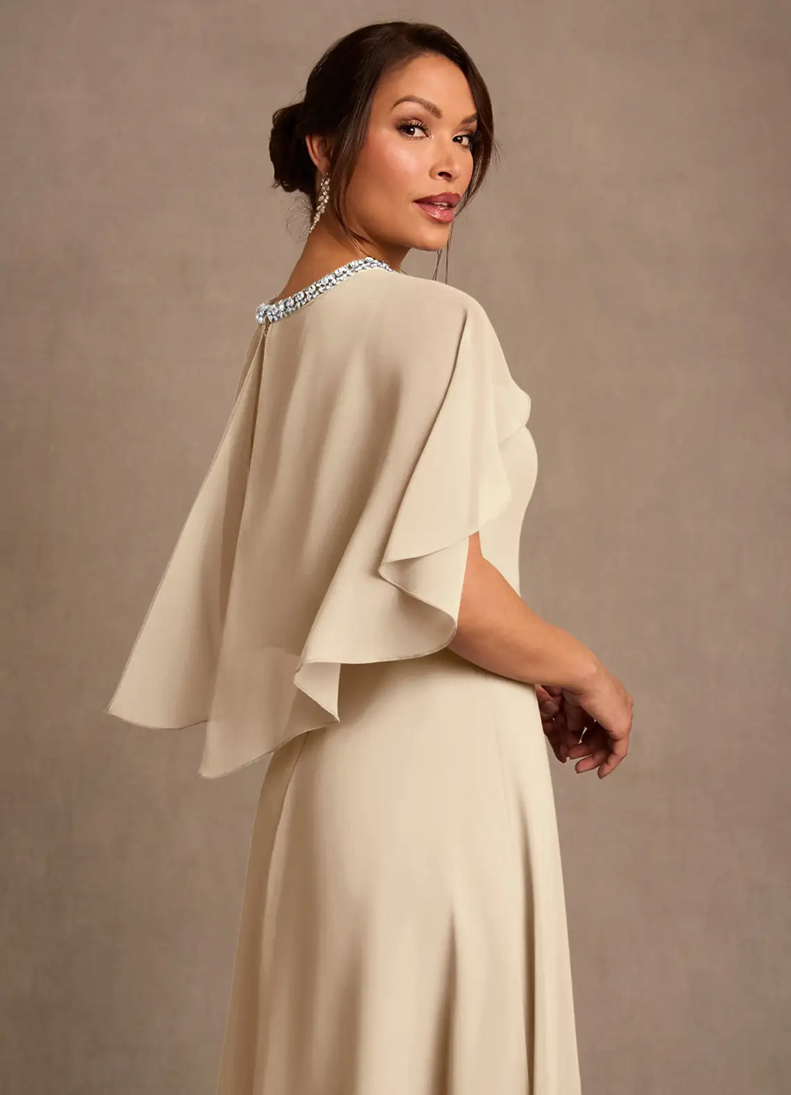 A-Line Beaded Jewel Neck Maxi Cape Sleeve Formal Dress Mother of the Bride Dress