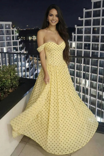 A Line Off Shoulder Chiffon Floor Length Polka Dot Maxi Dress