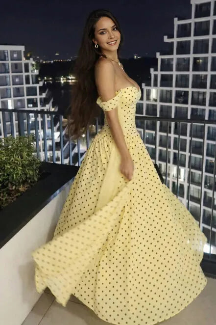 A Line Off Shoulder Chiffon Floor Length Polka Dot Maxi Dress