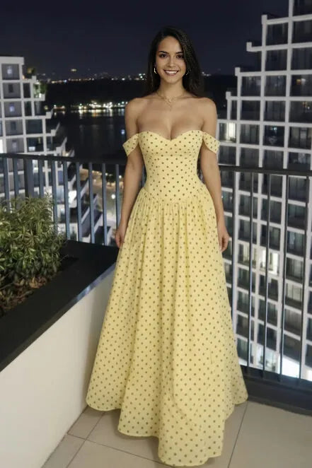 A Line Off Shoulder Chiffon Floor Length Polka Dot Maxi Dress