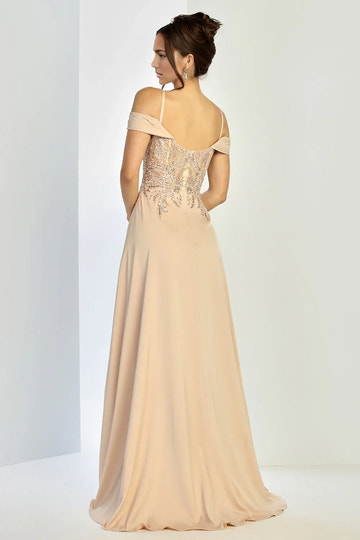 A-Line Off-The-Shoulder Spaghetti-Strap Chiffon Beaded Slit Wedding Guest Dress
