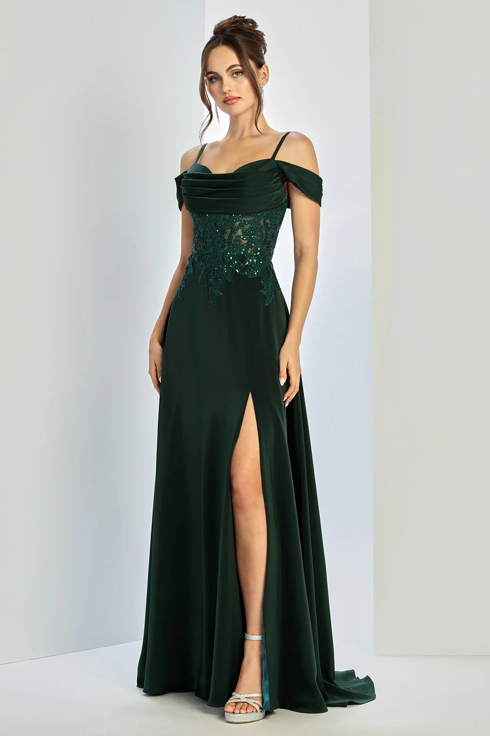 A-Line Off-The-Shoulder Spaghetti-Strap Chiffon Beaded Slit Wedding Guest Dress