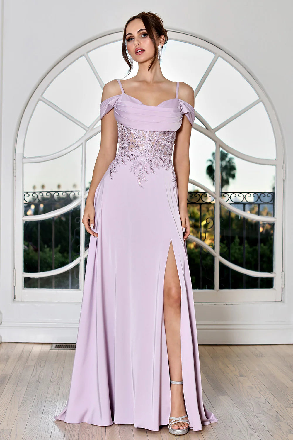 A-Line Off-The-Shoulder Spaghetti-Strap Chiffon Beaded Slit Wedding Guest Dress