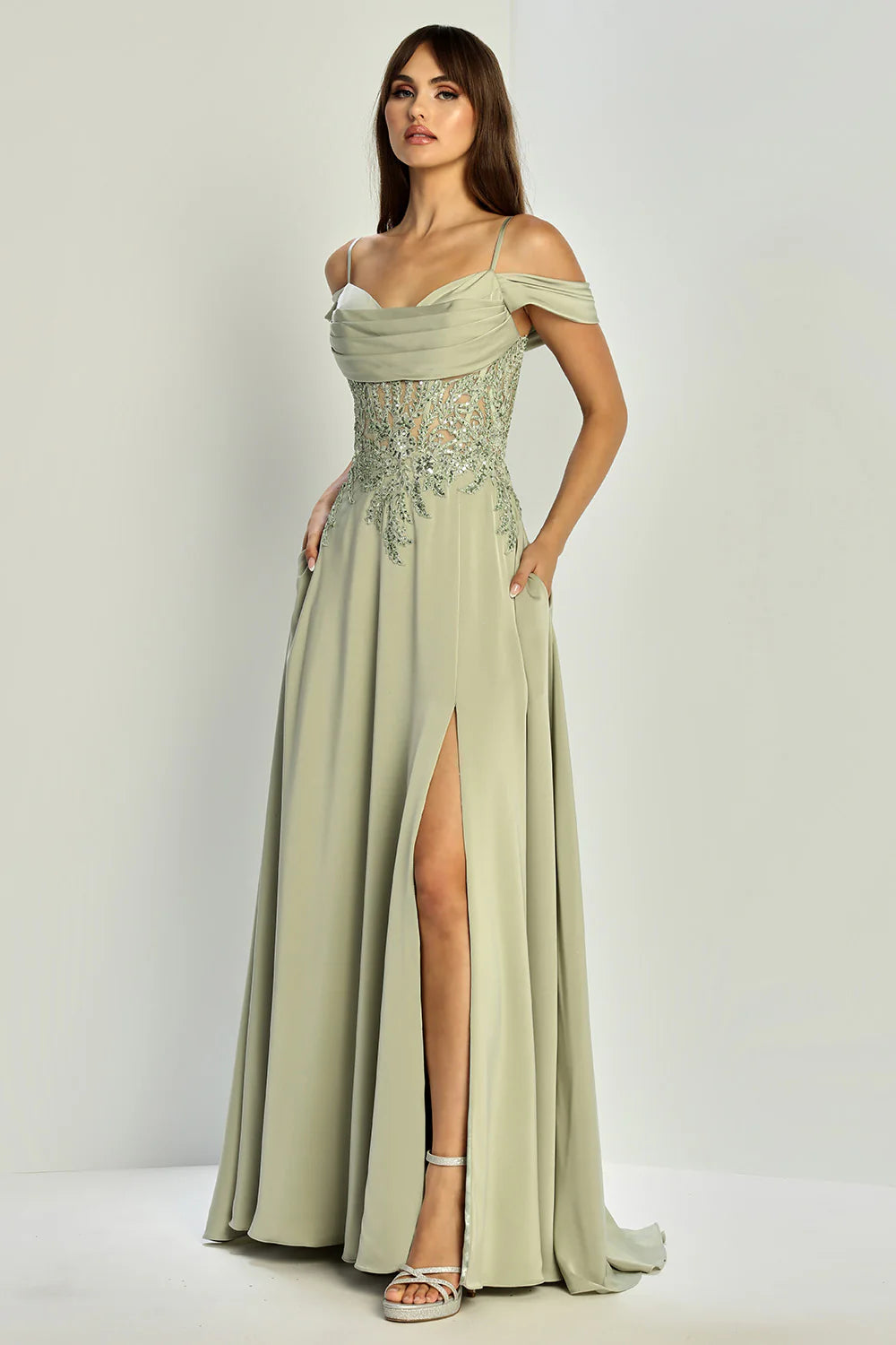 A-Line Off-The-Shoulder Spaghetti-Strap Chiffon Beaded Slit Wedding Guest Dress