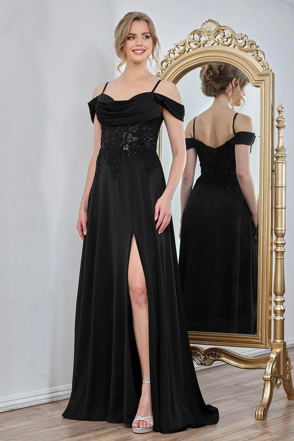 A-Line Off-The-Shoulder Spaghetti-Strap Chiffon Beaded Slit Wedding Guest Dress