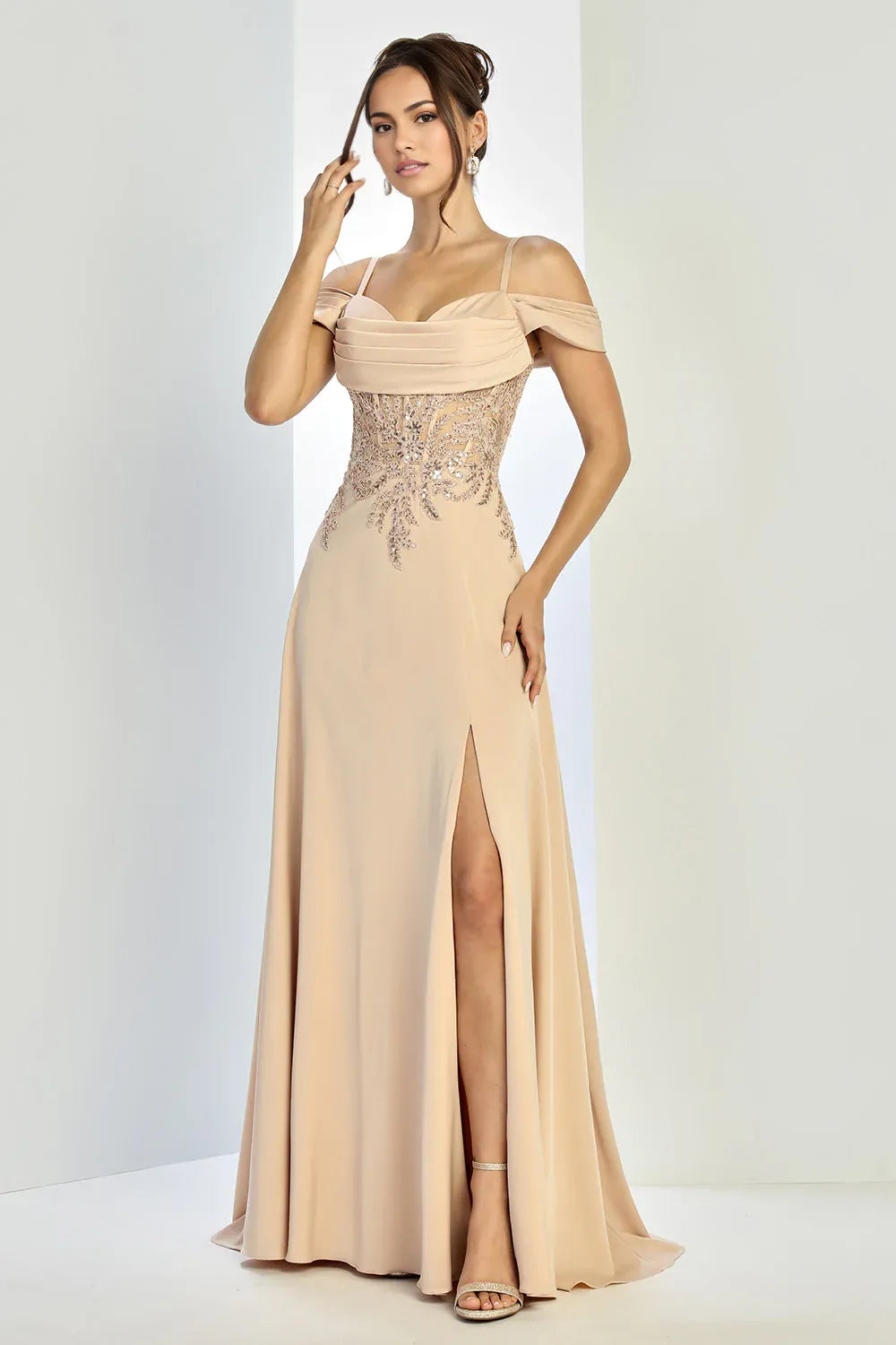 A-Line Off-The-Shoulder Spaghetti-Strap Chiffon Beaded Slit Wedding Guest Dress