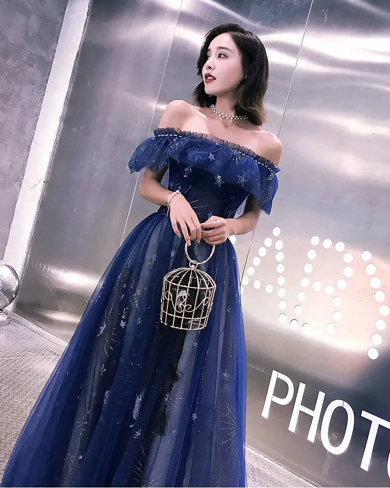 Vestidos de Fiesta de Noche con Corte Evasé, con Brillos, Escote Bardot, de Tul con Bordados, con Volantes, para Invitadas de Boda