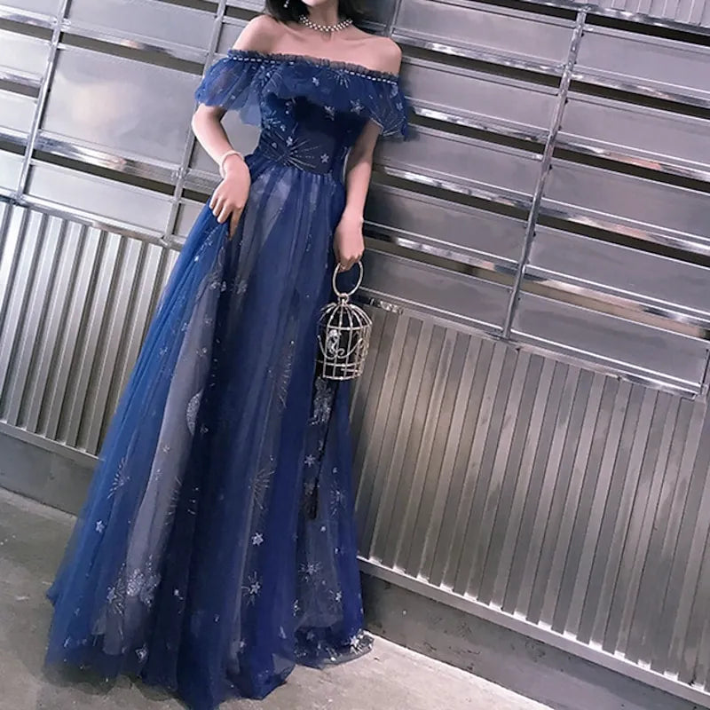 Vestidos de Fiesta de Noche con Corte Evasé, con Brillos, Escote Bardot, de Tul con Bordados, con Volantes, para Invitadas de Boda