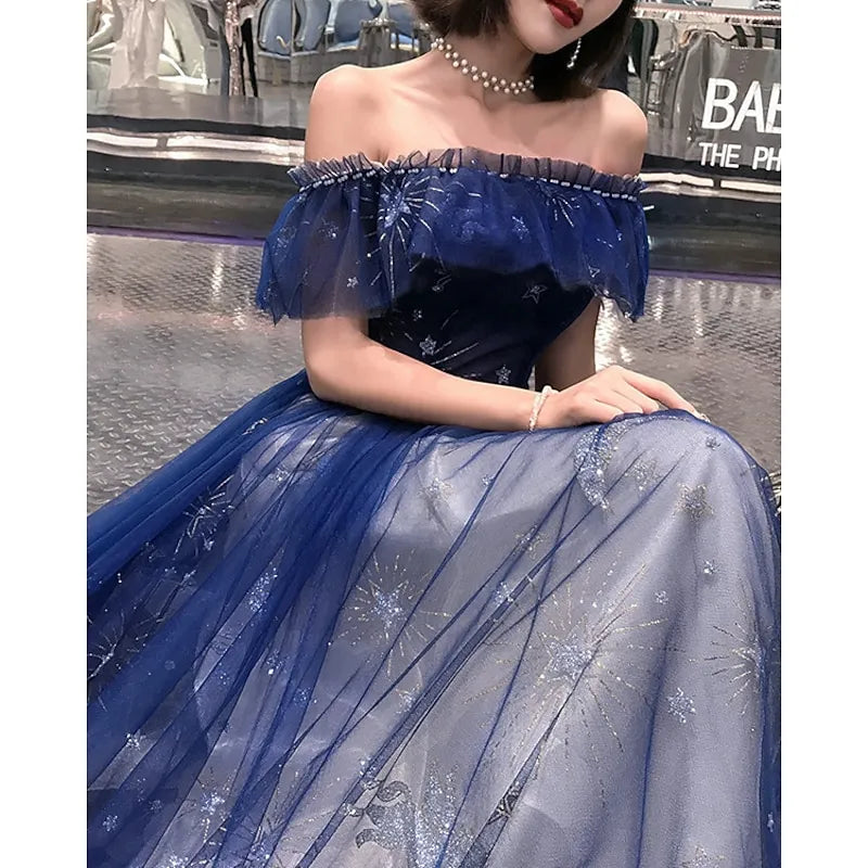 Vestidos de Fiesta de Noche con Corte Evasé, con Brillos, Escote Bardot, de Tul con Bordados, con Volantes, para Invitadas de Boda