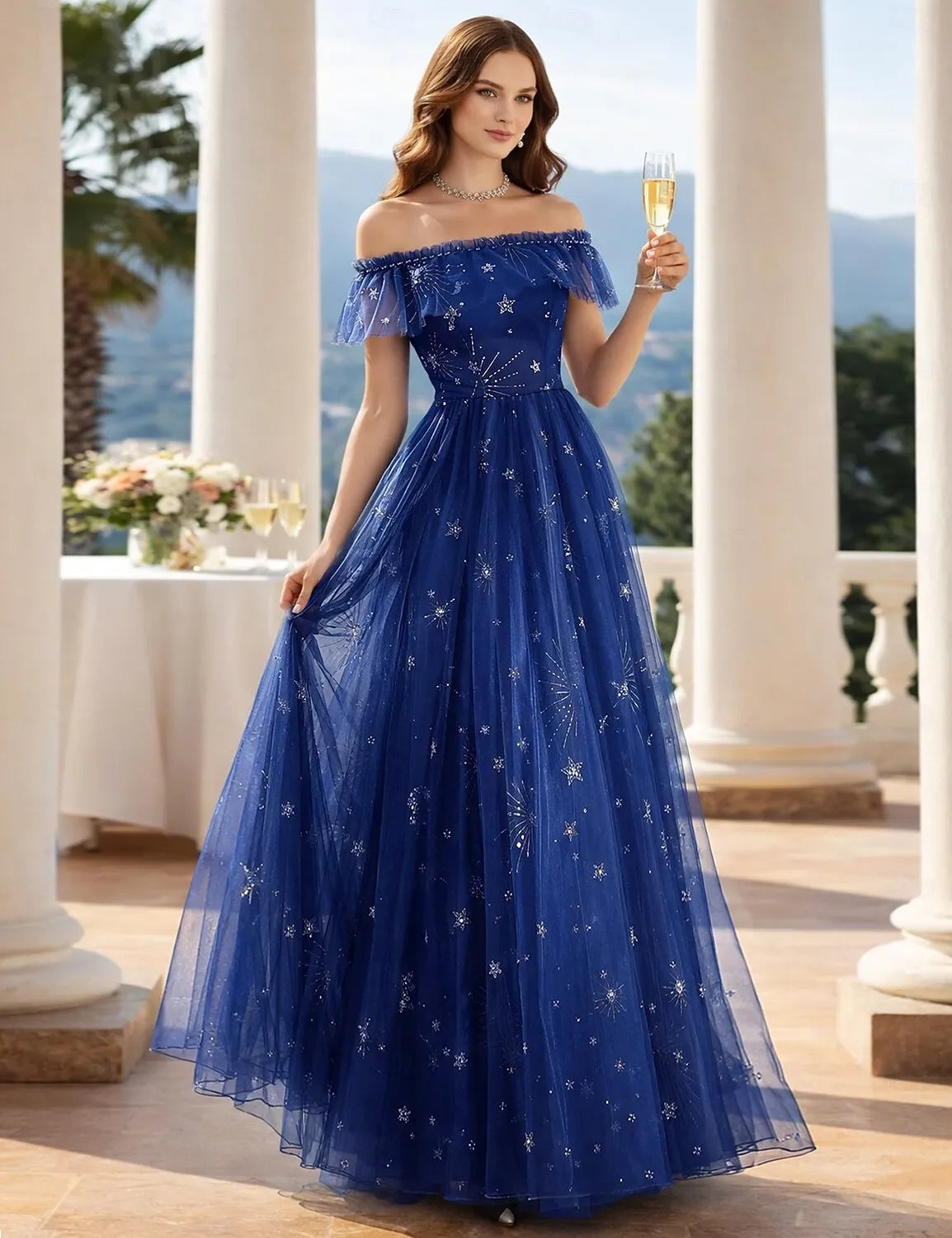 Vestidos de Fiesta de Noche con Corte Evasé, con Brillos, Escote Bardot, de Tul con Bordados, con Volantes, para Invitadas de Boda