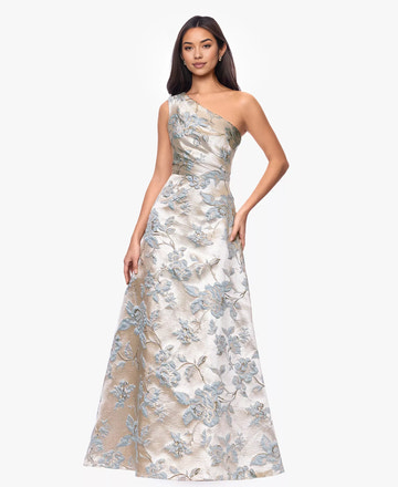A-Line One-Shoulder Jacquard Floor-Length Wedding Guest Evening Gown with Pockets