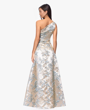 A-Line One-Shoulder Jacquard Floor-Length Wedding Guest Evening Gown with Pockets