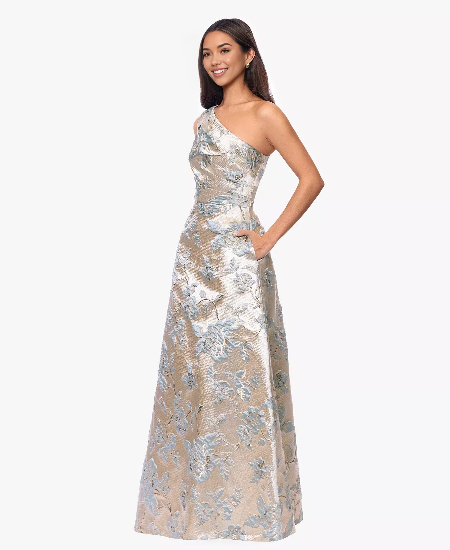 A-Line One-Shoulder Jacquard Floor-Length Wedding Guest Evening Gown with Pockets