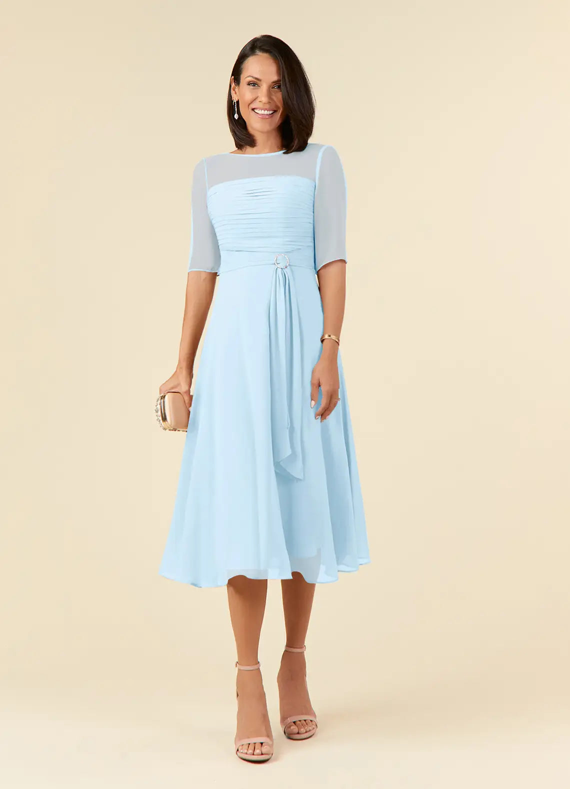 A-Line Round Neck Chiffon Midi Ruched Formal Cocktail Dress Mother of the Bride Dress