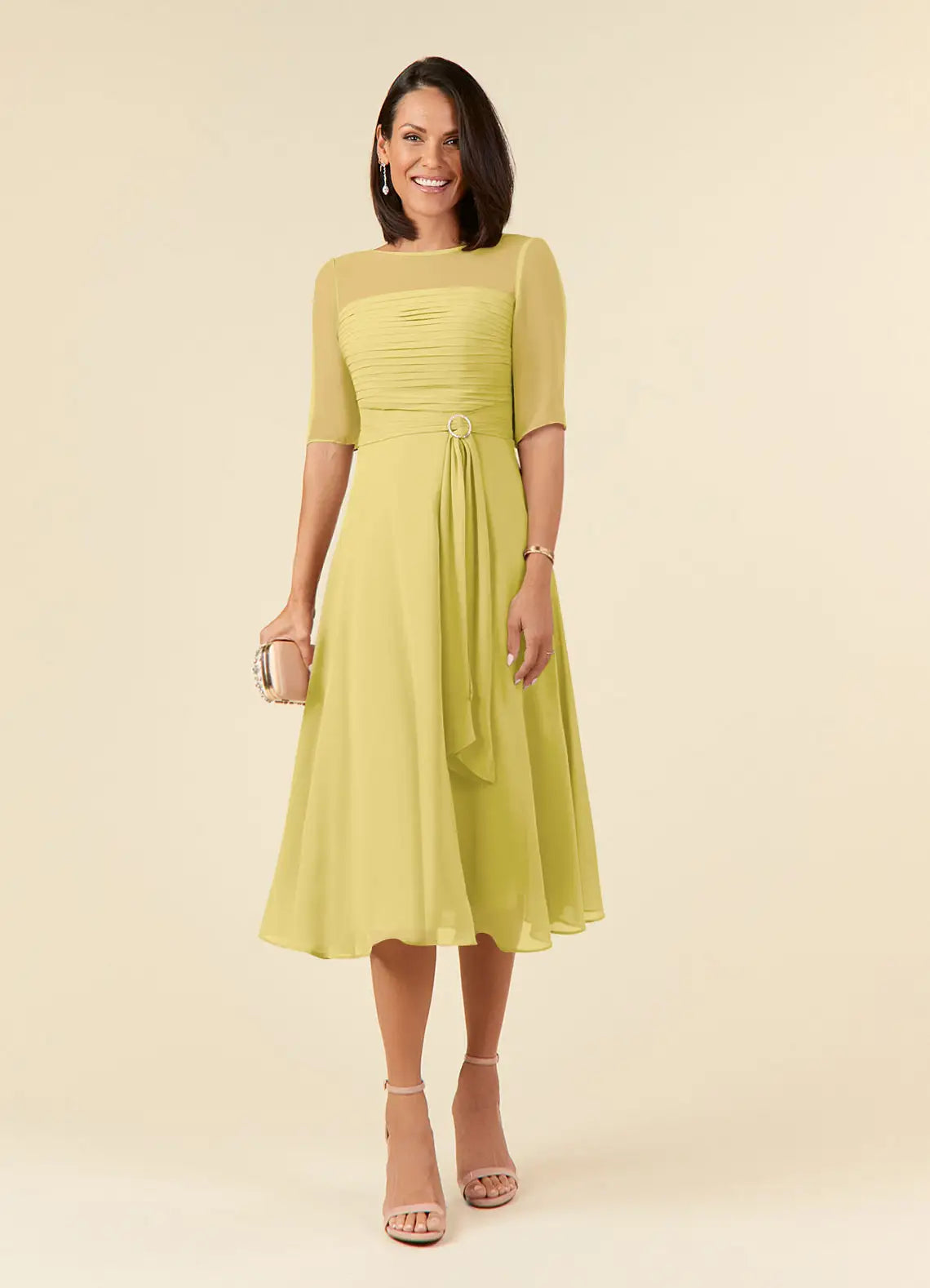 A-Line Round Neck Chiffon Midi Ruched Formal Cocktail Dress Mother of the Bride Dress