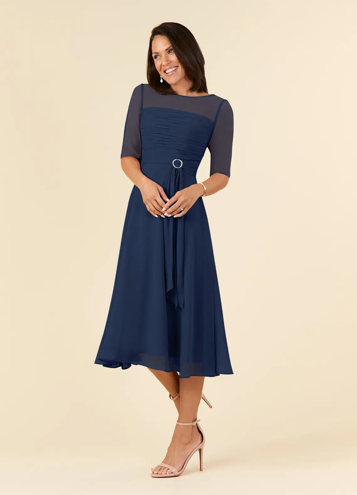 A-Line Round Neck Chiffon Midi Ruched Formal Cocktail Dress Mother of the Bride Dress