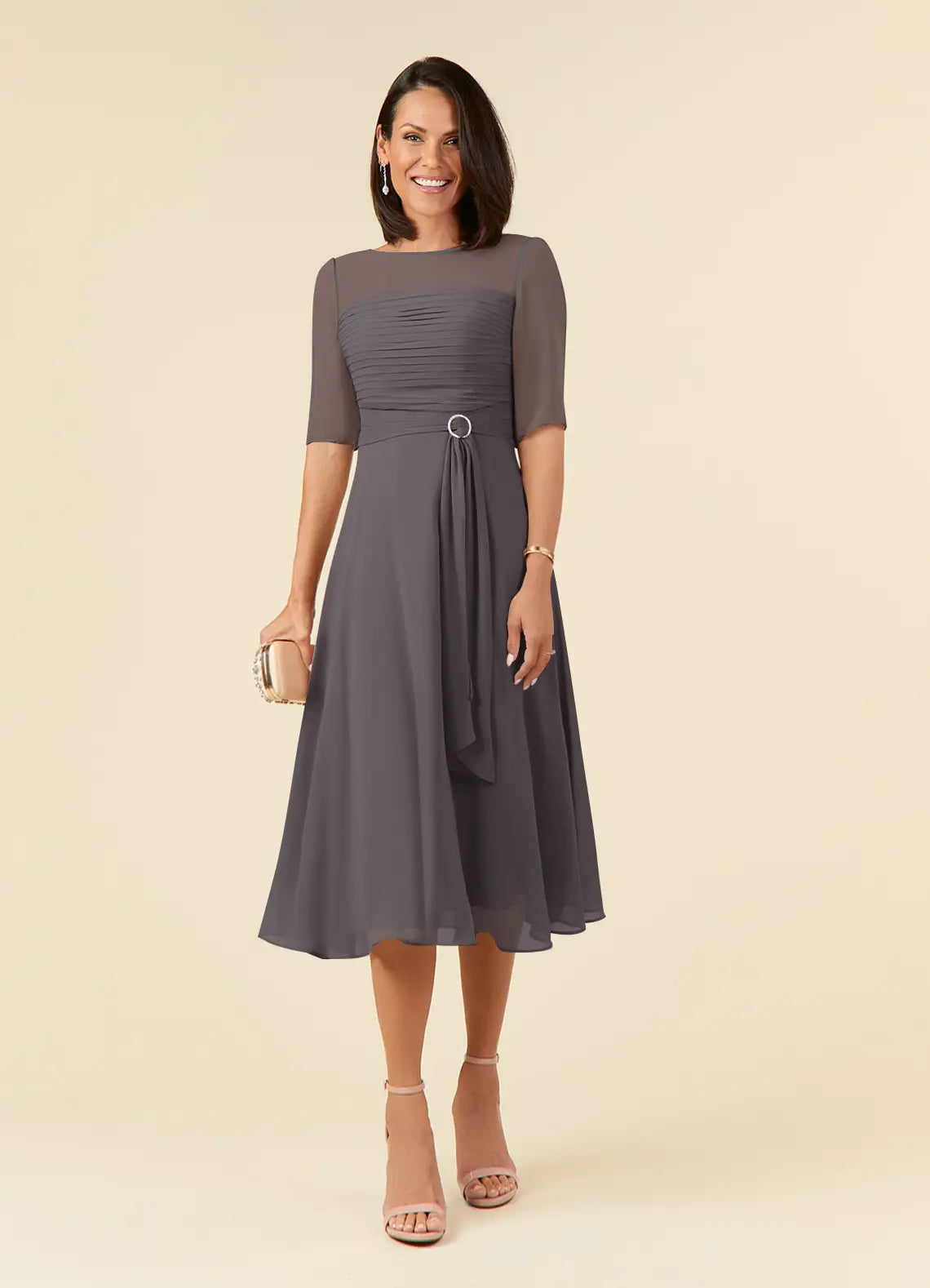 A-Line Round Neck Chiffon Midi Ruched Formal Cocktail Dress Mother of the Bride Dress
