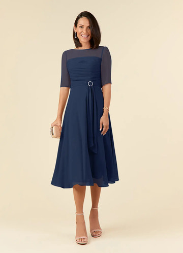 A-Line Round Neck Chiffon Midi Ruched Formal Cocktail Dress Mother of the Bride Dress