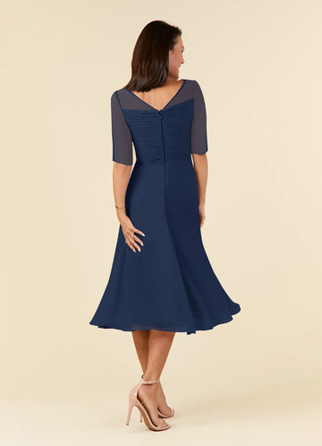 A-Line Round Neck Chiffon Midi Ruched Formal Cocktail Dress Mother of the Bride Dress