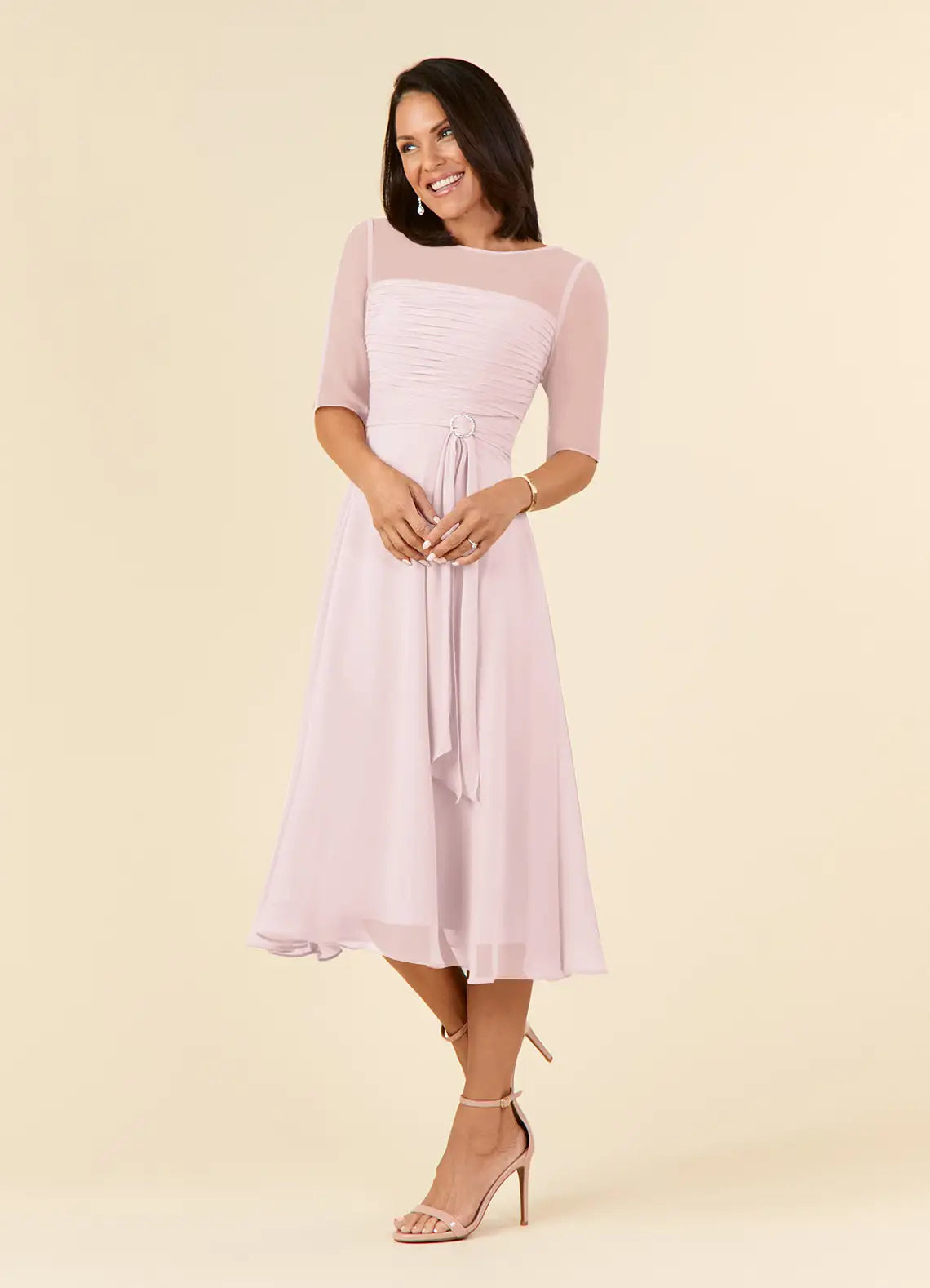 A-Line Round Neck Chiffon Midi Ruched Formal Cocktail Dress Mother of the Bride Dress
