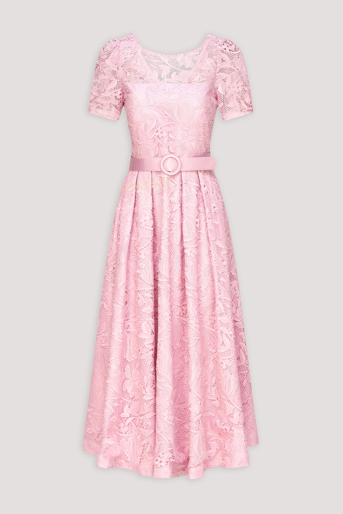 Elegant A-Line Round Neck Lace Midi Belted Cocktail Tea-Length Mother of the Bride Dress