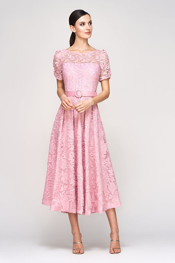 Elegant A-Line Round Neck Lace Midi Belted Cocktail Tea-Length Mother of the Bride Dress