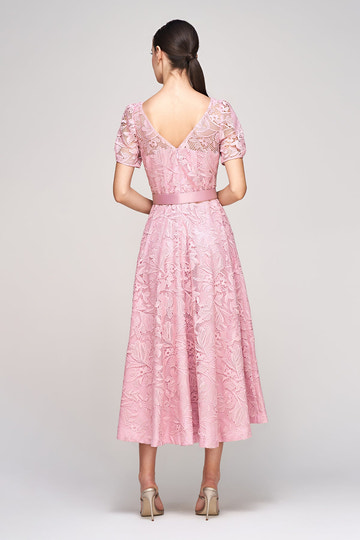 Elegant A-Line Round Neck Lace Midi Belted Cocktail Tea-Length Mother of the Bride Dress