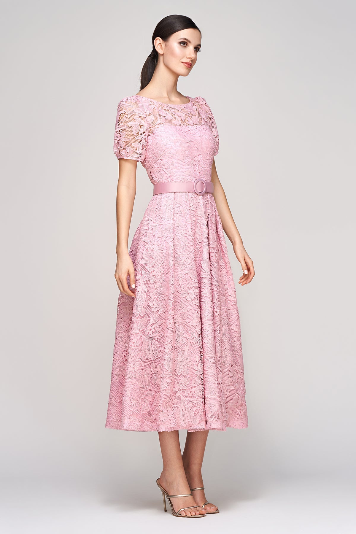 Elegant A-Line Round Neck Lace Midi Belted Cocktail Tea-Length Mother of the Bride Dress