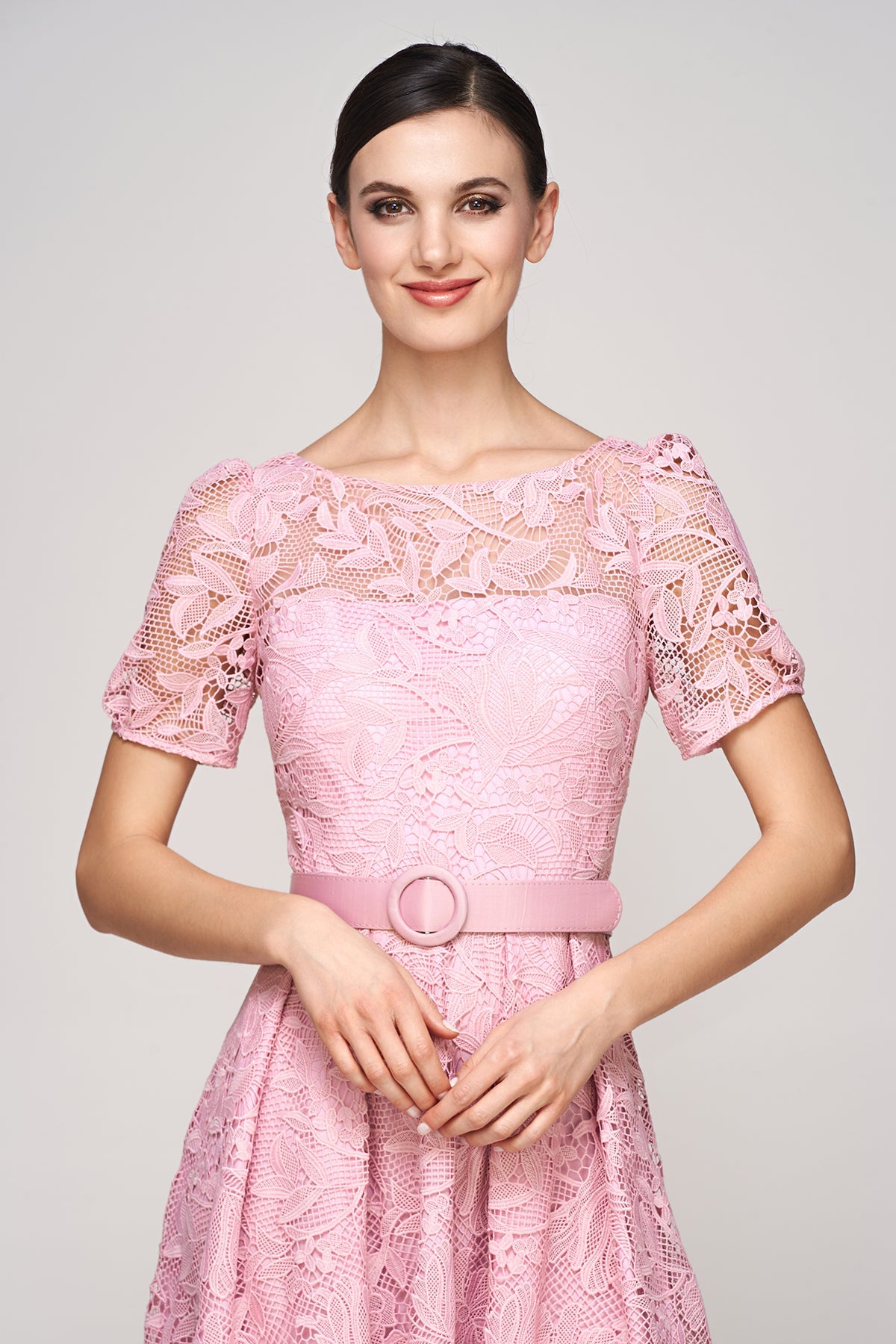 Elegant A-Line Round Neck Lace Midi Belted Cocktail Tea-Length Mother of the Bride Dress