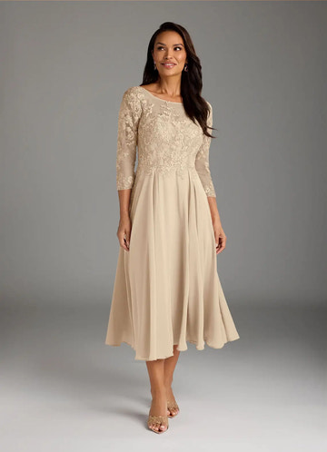 Elegant A-Line Scoop Neck Lace Chiffon Midi Embroidery Mother of the Bride Dress