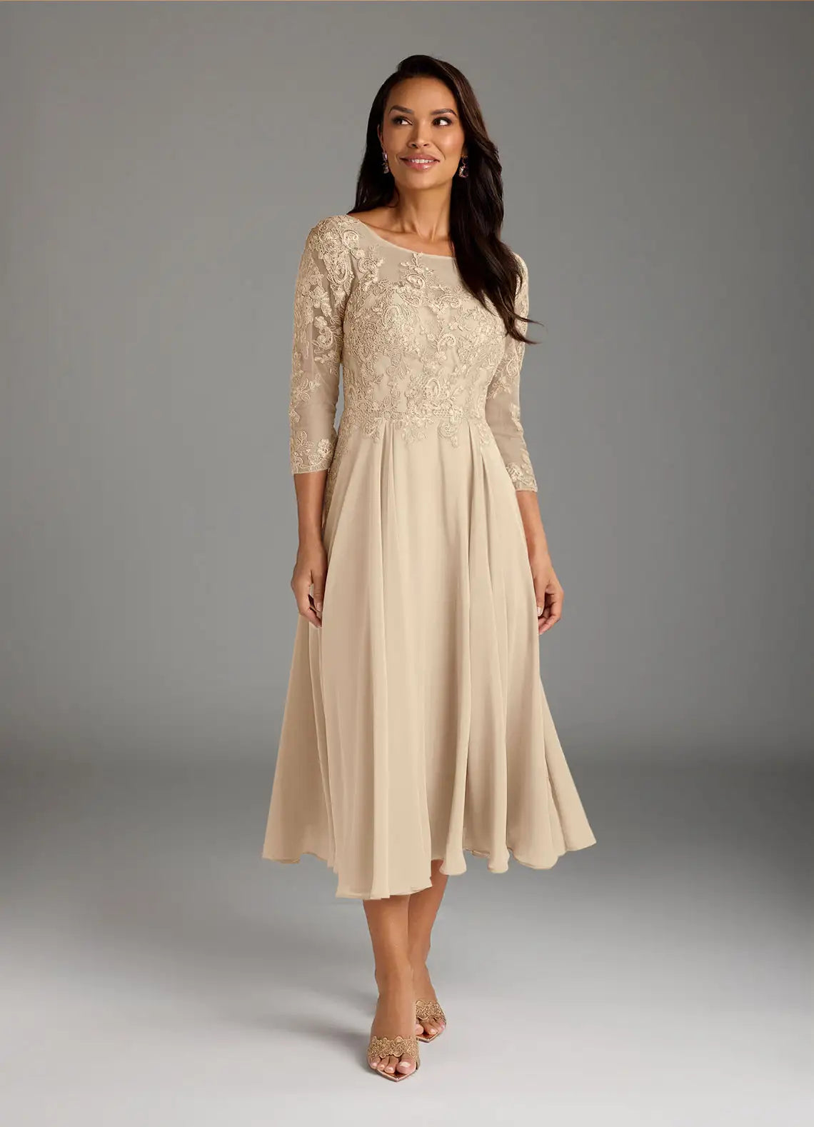 Elegant A-Line Scoop Neck Lace Chiffon Midi Embroidery Mother of the Bride Dress